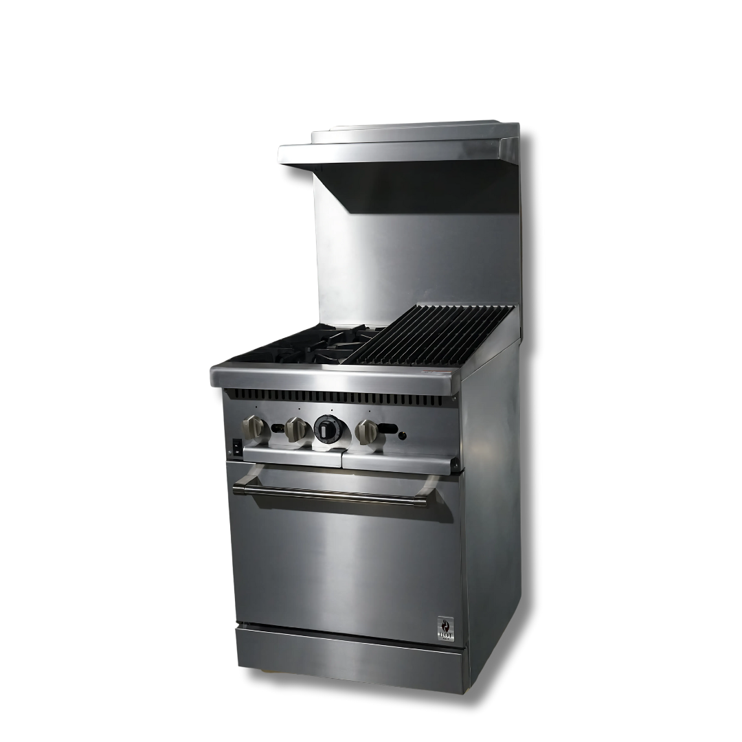 Gas Range with Built-In Convection Oven 24"w/12" Charbroiler top with 2 Open Burners  HZ-CR24-12CB