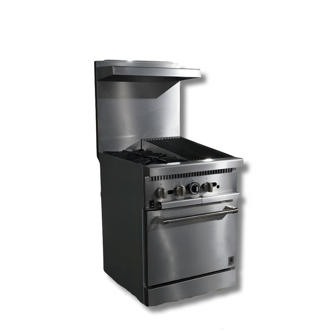 Gas Range with Built-In Convection Oven 24"w/12" Charbroiler top with 2 Open Burners  HZ-CR24-12CB