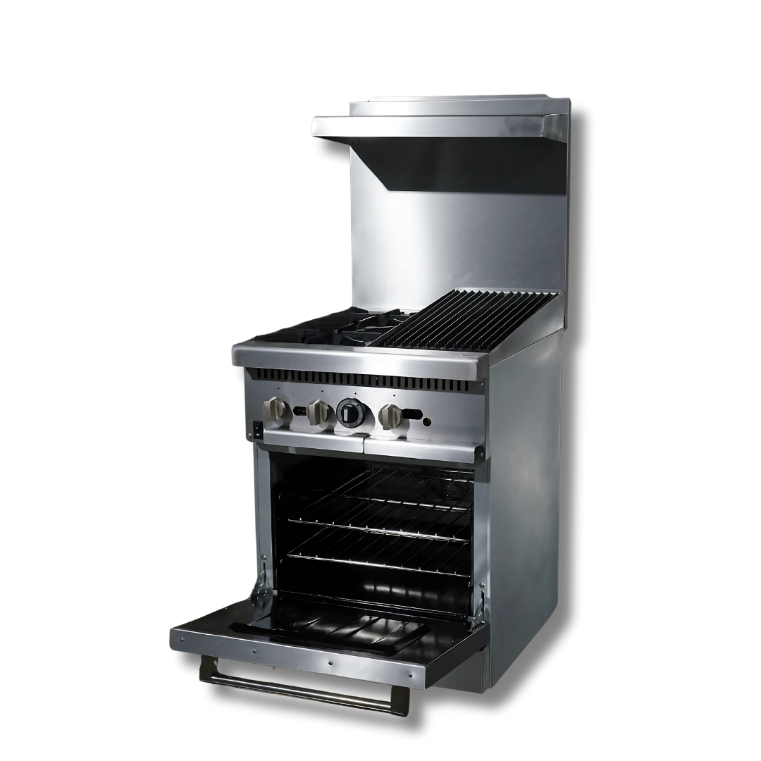 Gas Range with Built-In Convection Oven 24"w/12" Charbroiler top with 2 Open Burners  HZ-CR24-12CB